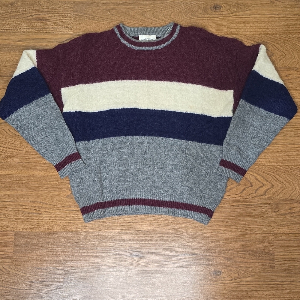 London Fog Wool Colorblock Sweater M | Vintage Blue Maroon White Gray